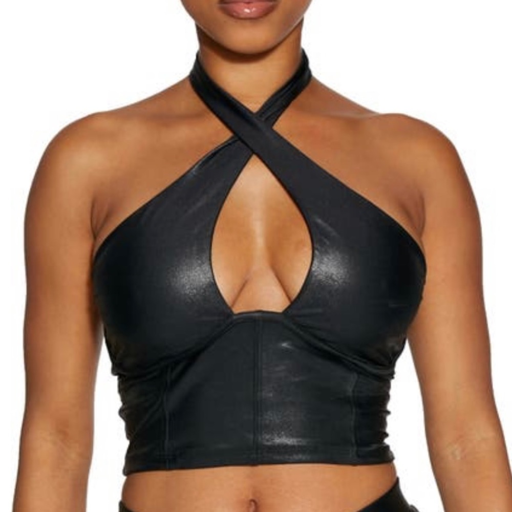 Naked Wardrobe | Drip Crossover Halter Crop Black Top | Size M